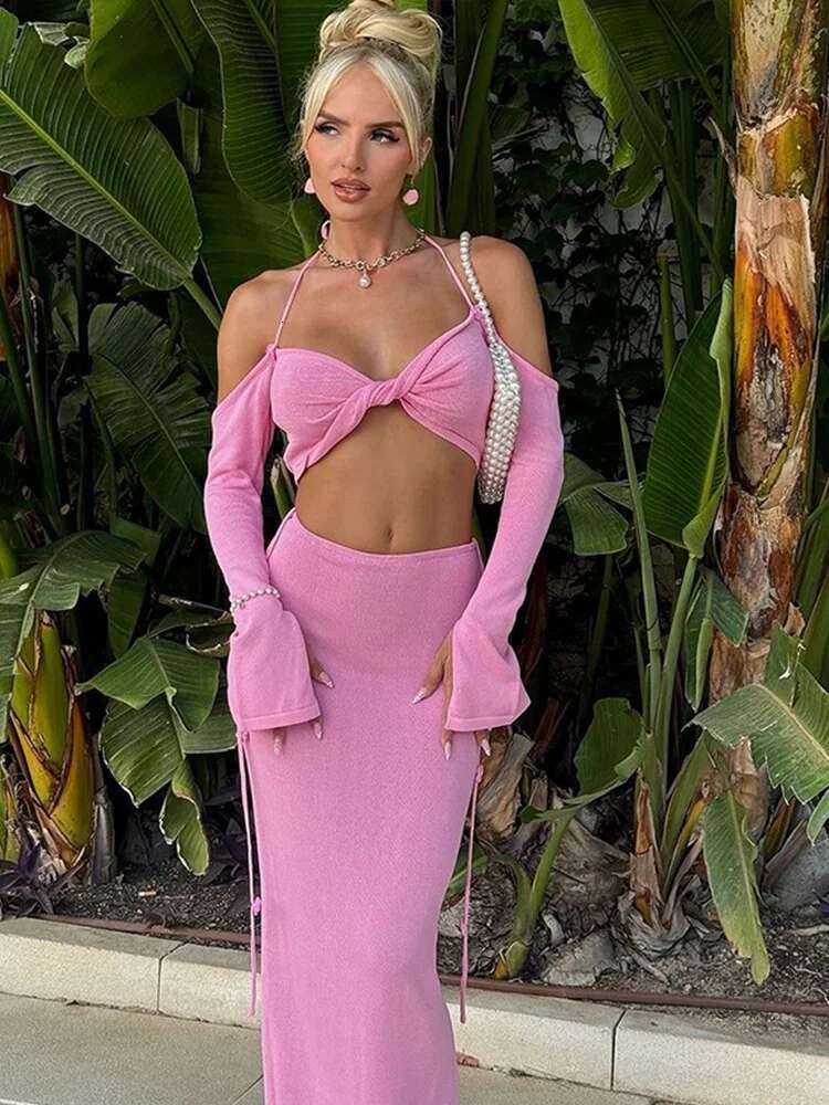 Sexy Knitted Sg Bikini Long Skirts Woman's Set Casual Slim Solid Lace Up Tube Tops Slit Skirt Sets Female Summer Beach Party