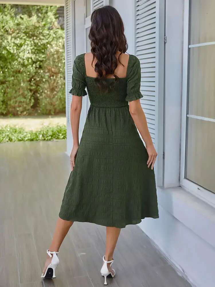 Dongdumaoyi Lente Zomer Elegante Korte Mouwen Knoopversierde Geplooide A Lijn Maxi Jurk Met Pofmouwen Model A