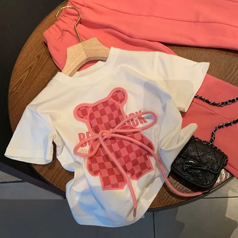 Summer baby girl clothing set childrens cartoon bear T-shirt and flat pants set childrens short sleeved topT250327