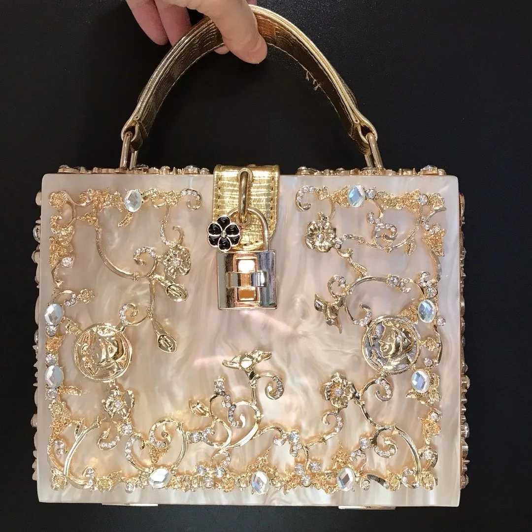 Crystal evening bag for women new hollow outer metal carving flower diamond handbag box fAshionable shoulder cross shaped bag Z250326