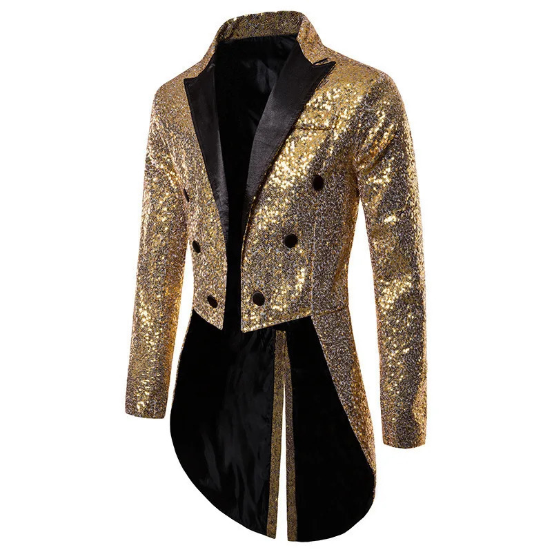 Wxw4131 sequin jacket mens long open collar kimono loose tailcoat asymmetric button party 250326