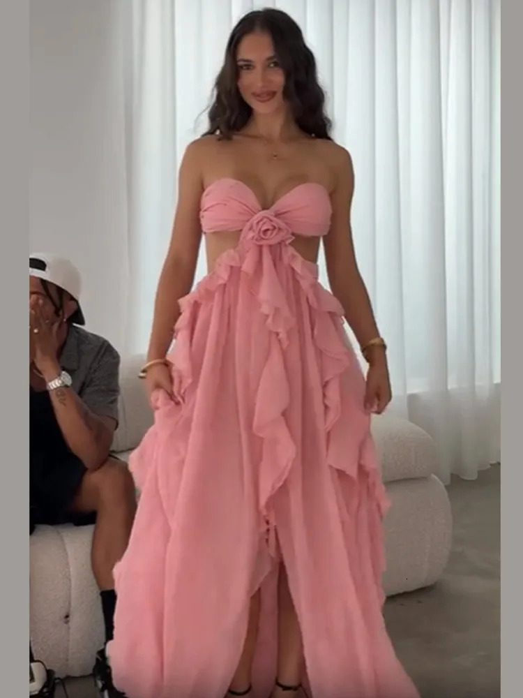 Fashionable womens spring hollow 3D floral pleated hem long skirt elegant shoulder free robe 2025 street party dress 250324