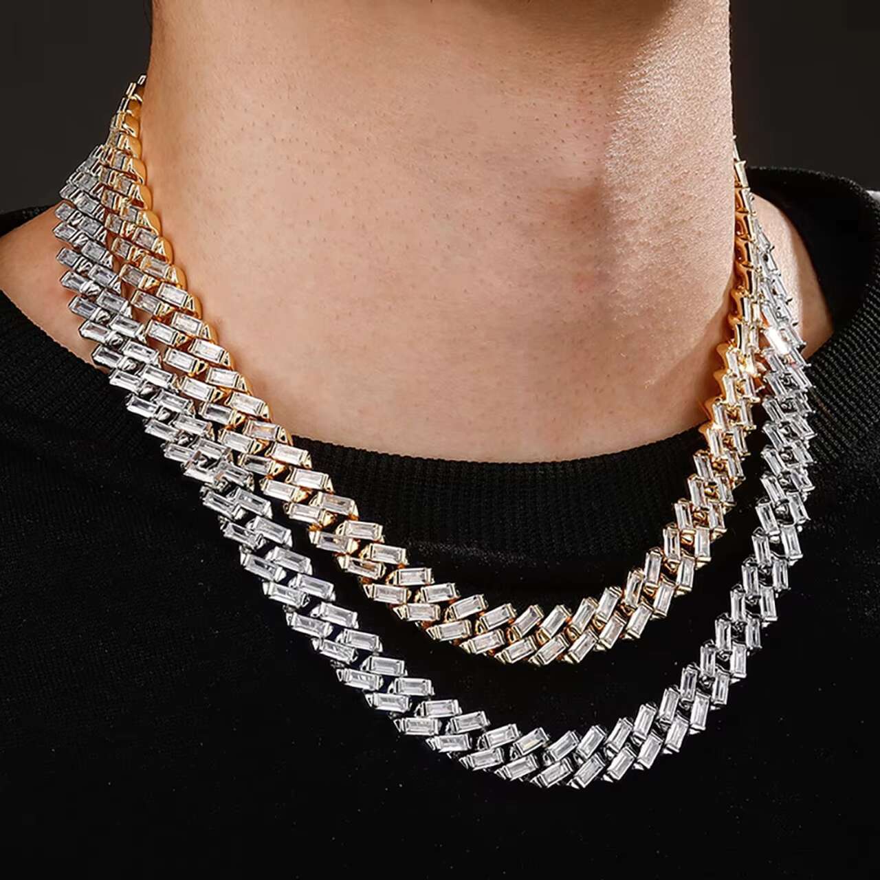 12mm All Baguette Cuban Link Hip Hop Moissanite Necklace White Yellow Gold Bling Chain for Wedding or Gift
