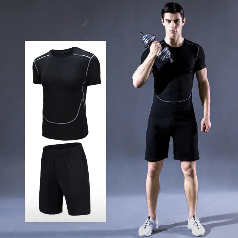 2piece sports tight fitting fitness mens fast drying high elasticity breathable set basketball training base short sleeved 250327