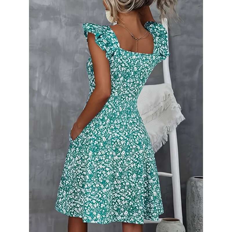 Dongdumaoyi Jurk Met Bloemenprint Vierkante Hals En Opgestikte Zakken Elegante Jurk Ruchemouwen Taille Ruches Voor Lente Zomer WD