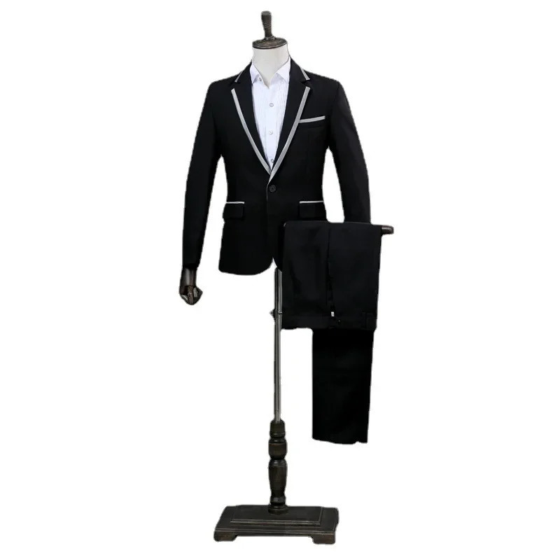 Paneled Suit 2piece mens singer host stage performance jacket pants black white gold and silver portrait dress set 250326