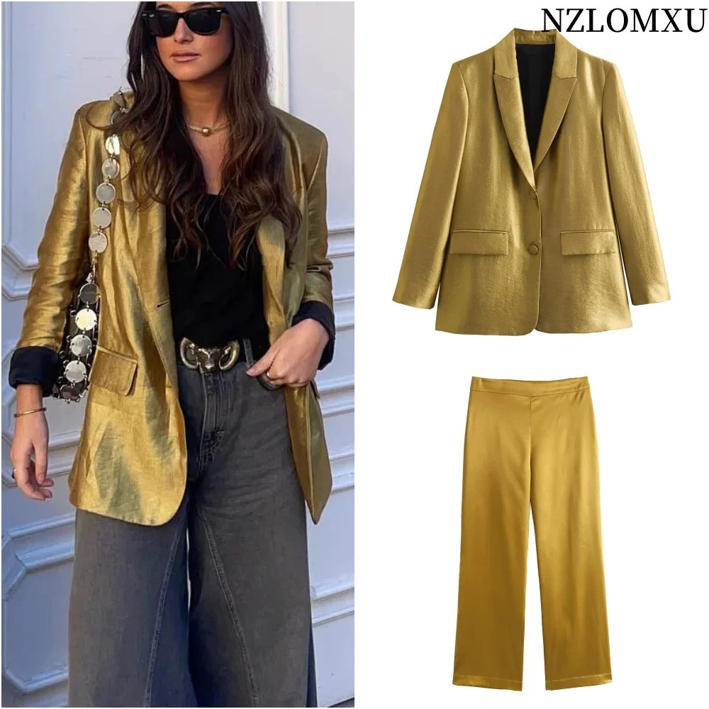 Spring Womens Fashion Set Collar Long Sleeve Golden Casual PioneerHigh Waist Zipper Loose Pants 250326