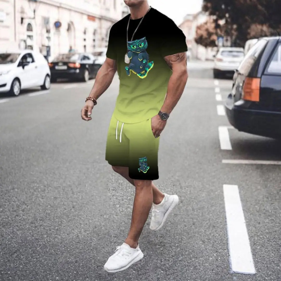 Mens casual sportswear round neck short sleeved loose fit sweatshirt suit style personalized streetwear summer items 250327