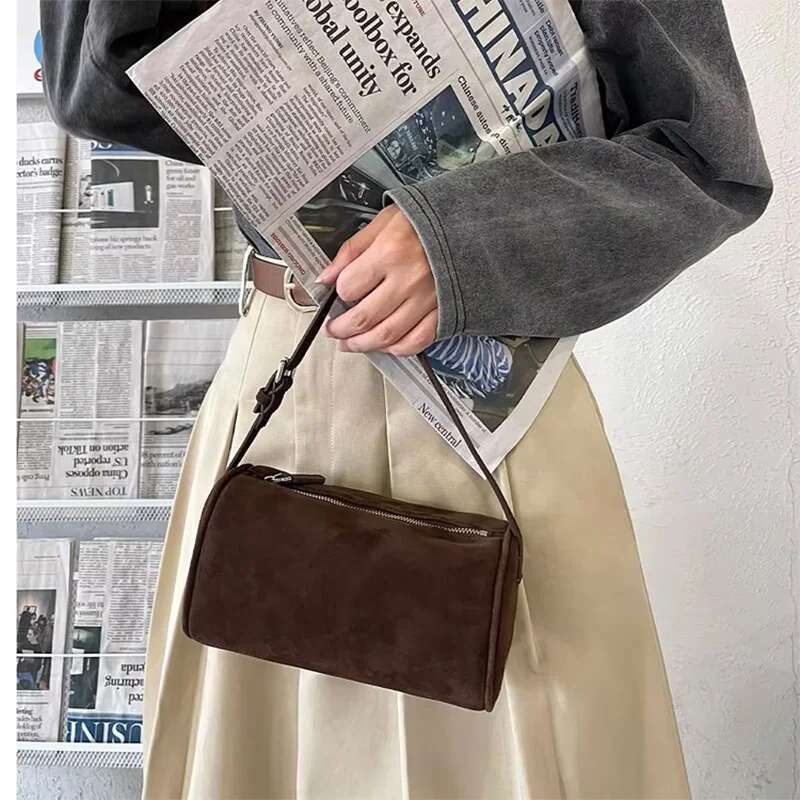 Donna-In First Layer Cowhide Mini Suede Handbag Real Leather Square Pen Container Bag For Women