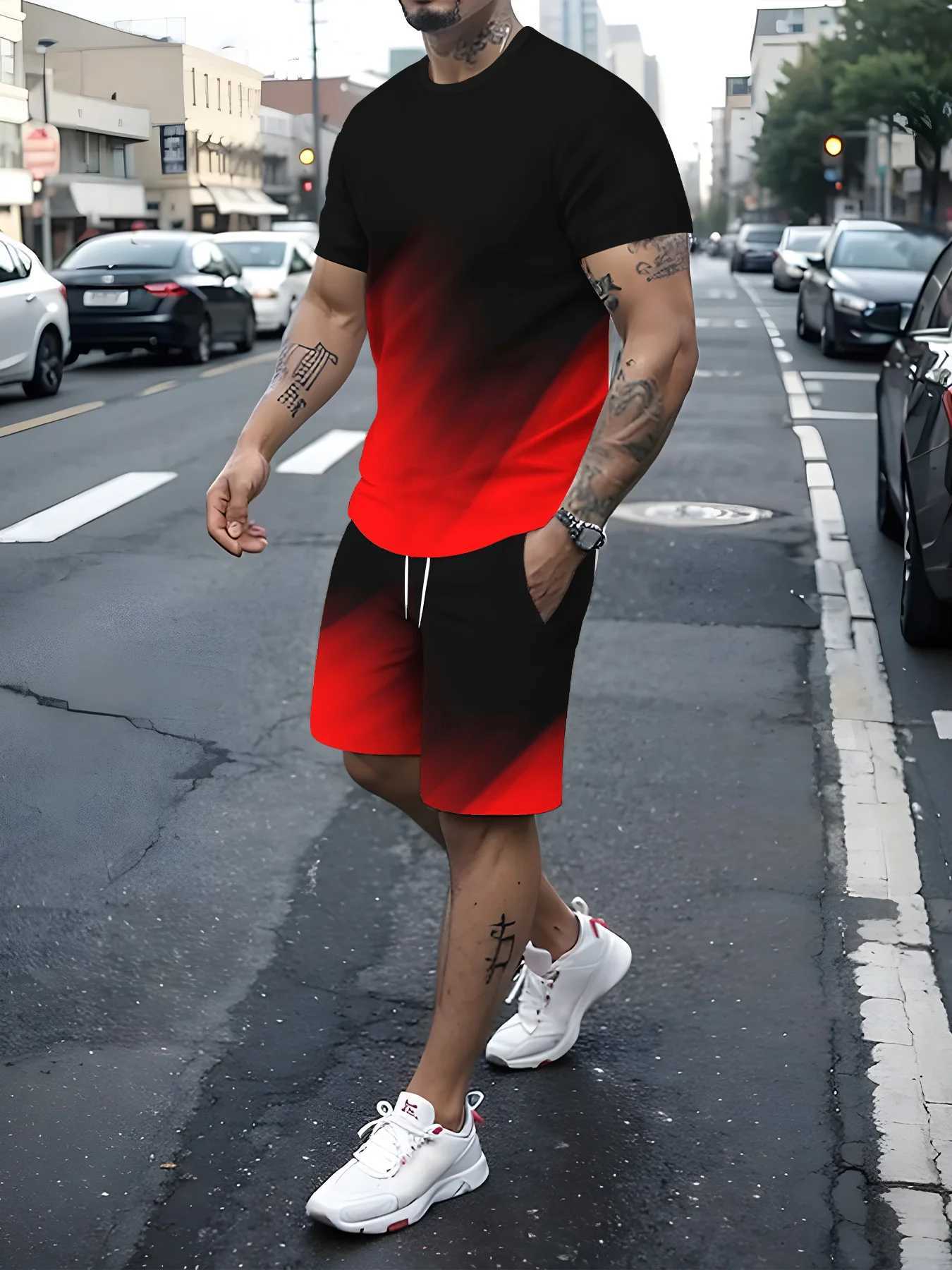 New 3D printed mens sportswear fitness set running set casual T-shirt+shorts set breathable sportswear striped setXJ250326