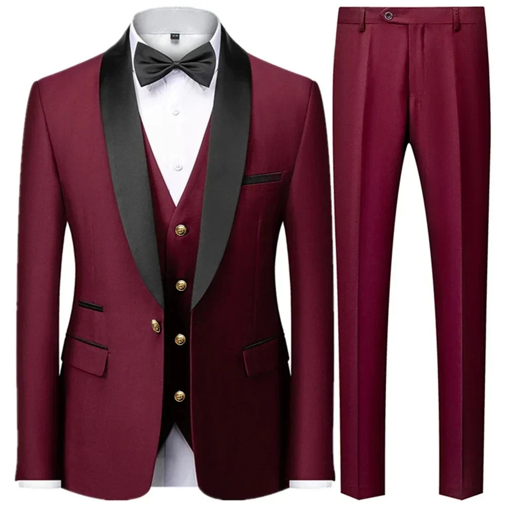 mens casual boutique business ultrathin wedding host formal set 3piece gold button jacket dress pants vest 250326