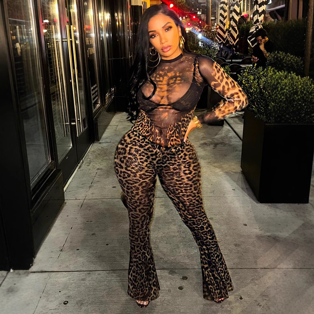 Designer Set Women's Summer Pants Fashion Sexy Leopard Pattern Positioning Print High Waist Two Piece Set Sexy Long Sleeve Top Trendy Women'
