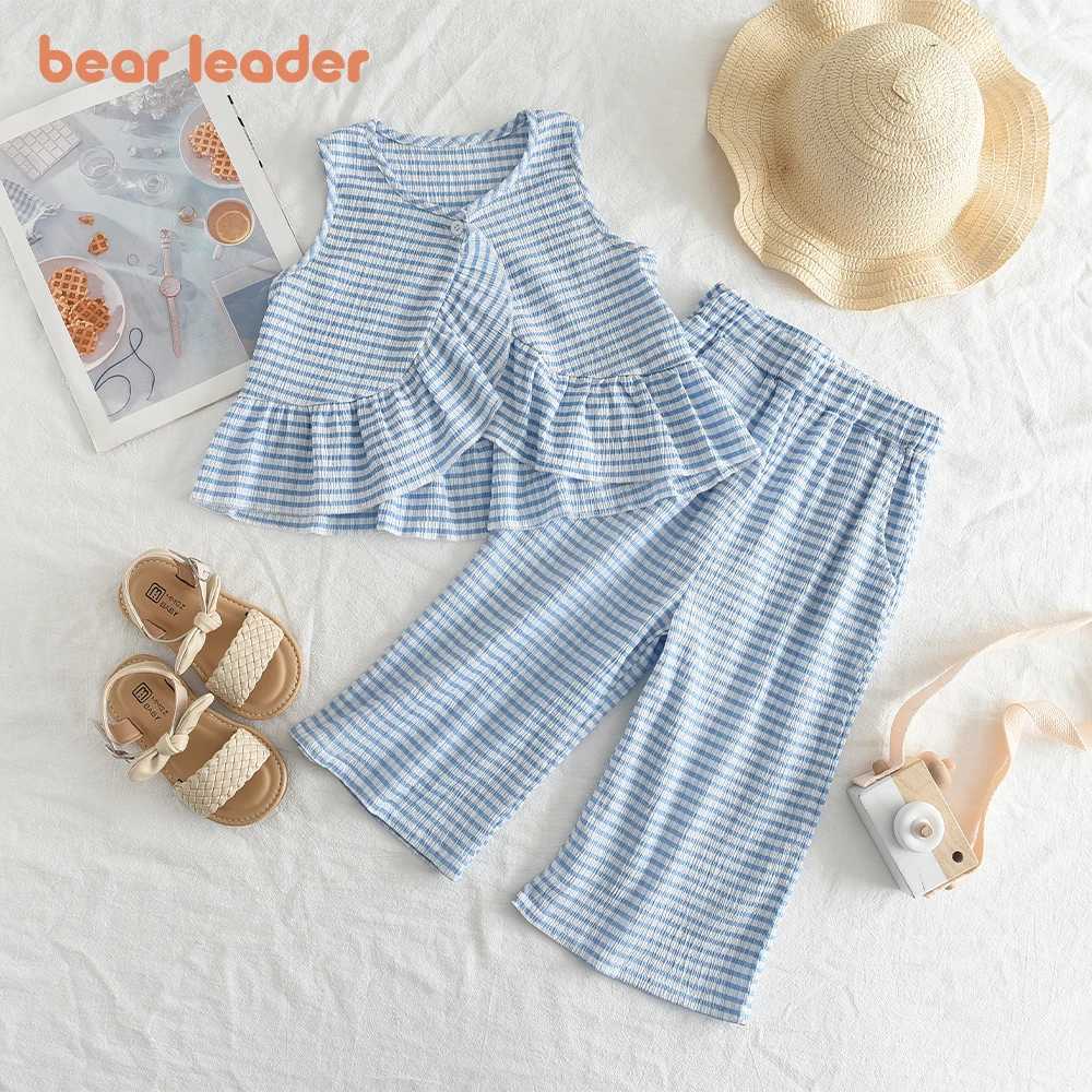 Bear Leader Girls Set 2023 Summer Korean Edition Short Sleeve Bubble Sleeve+Wide Leg Pants Girls SetT250327