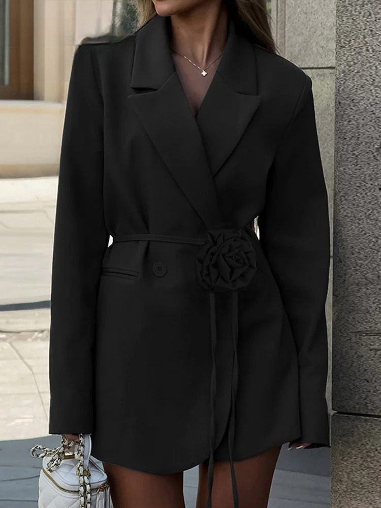 hoodie Casual 3D Wer Solid Long Women Blazer Elegant Full Sleeve Belt Single Button Female Coat 2025 Spring Party Lady Streetwear jacket