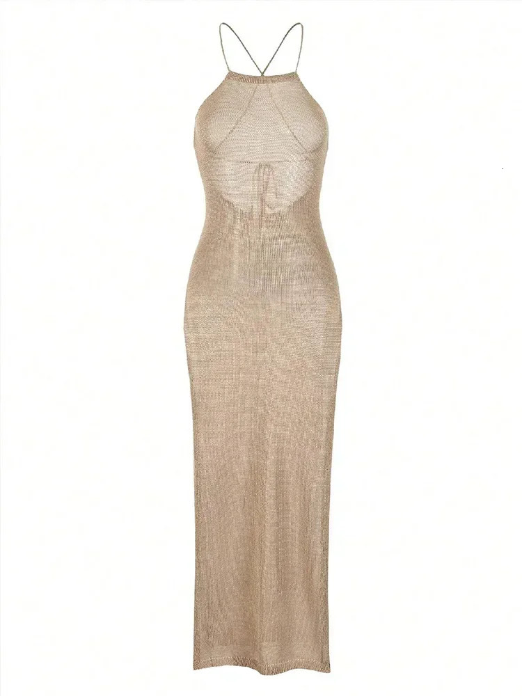 Sexy See Through Knitted Backless Lace Splicing Beach Dress 2024 Summer Womens Solid Strap Holiday Swimsuit Cover A2797 250326