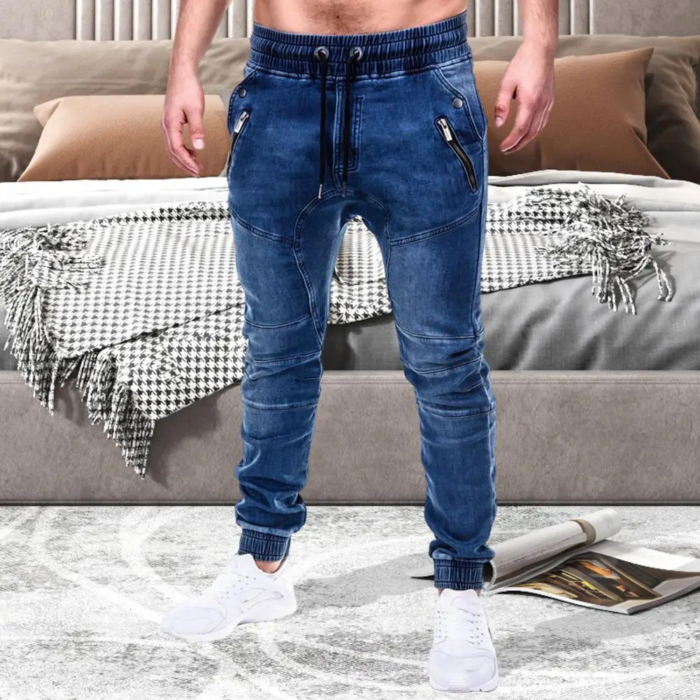 Mens Outdoor Summer Riding Jeans Motorpoof Jeans Skinny Jeans Fashion Pockets Denim Pencil Pants Ankle Tied Denim Trousers 250317