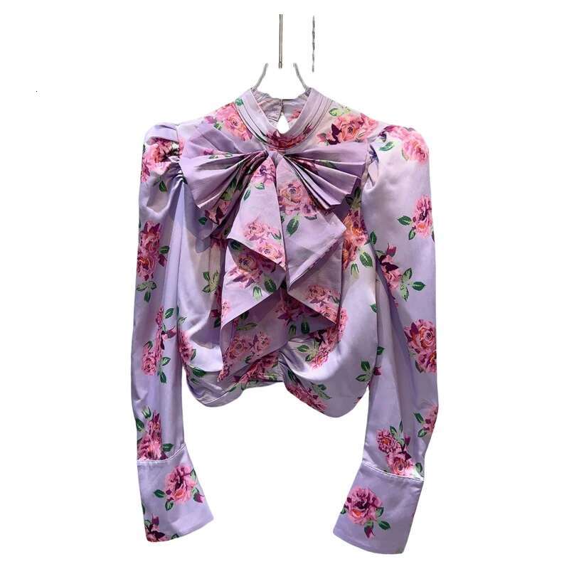 hoodie Autumn New Arrival Fluffy Sleeve Bow Ruffled Collar Purple Ral Print Blouse Women jacket