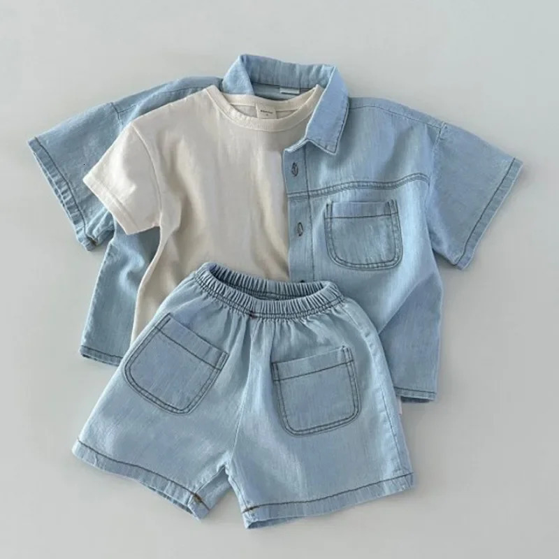 Korean Version of Short Sleeved Denim Shirt Shorts Set for Boys and Girls Summer Fashionable Two-piece Set 250326