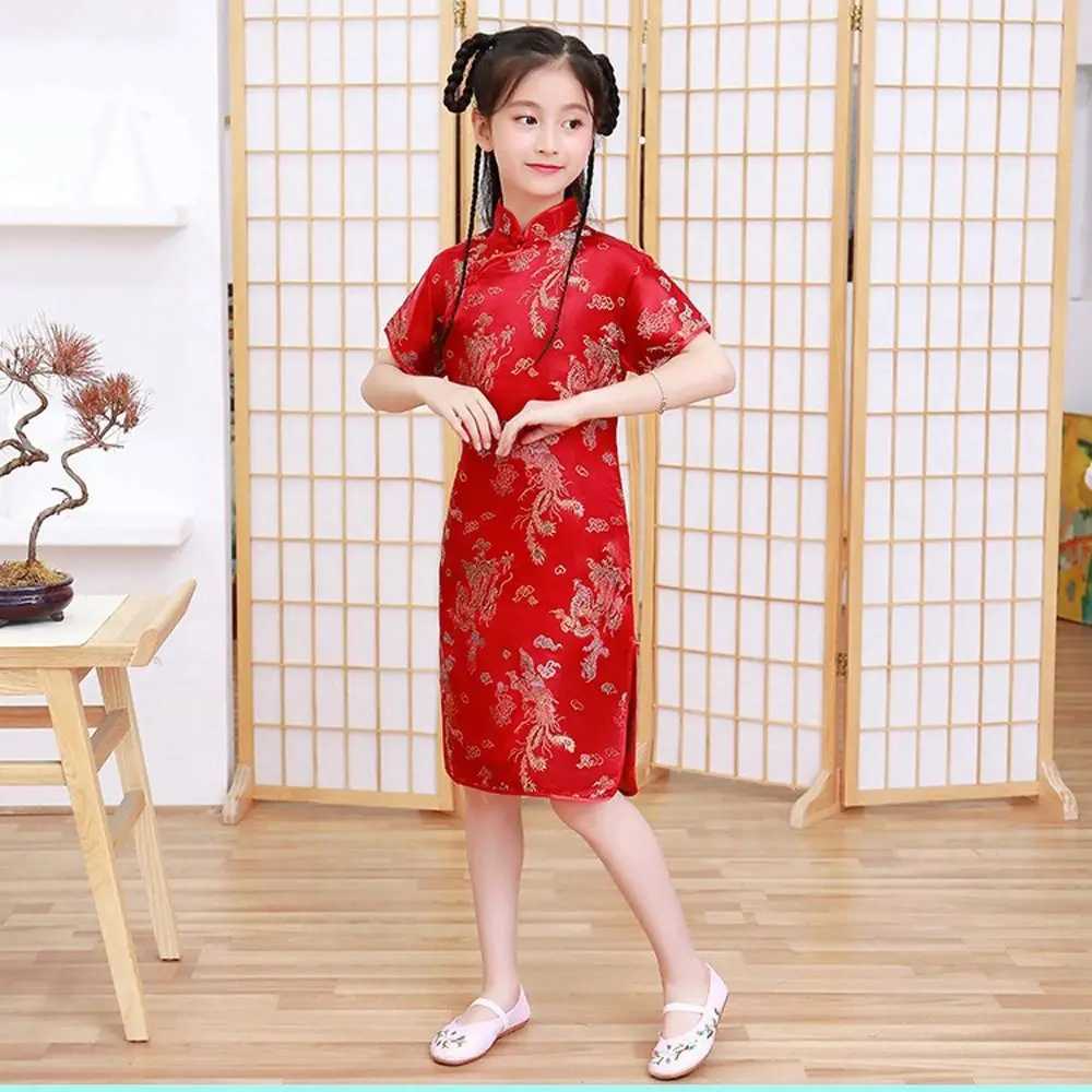 Dragon Phoenix pattern silk comfortable Chinese chiffon girls skiing children traditional clothing cheongsam girls cheongsam DIY W250326