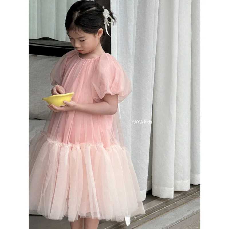 Childrens Dress 2025 Summer Short Sleeve Gauze Pink Kids Girls Princess Dress Bubble Sleeves Fluffy Girls Birthday Dress W250326