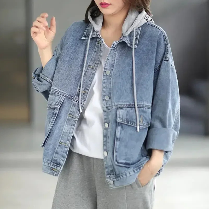 Korean denim jacket womens spring casual loose weight loss super big hat retro solid women 250326
