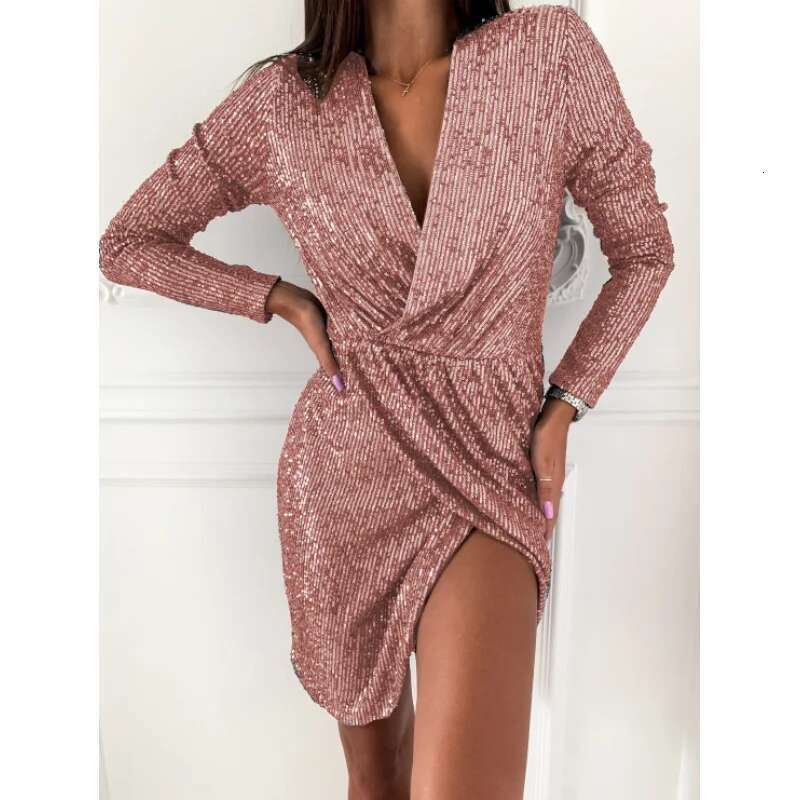 Dongdumaoyi Nieuwe Mini Jurk Met V Hals En Lange Mouwen Folieprint C