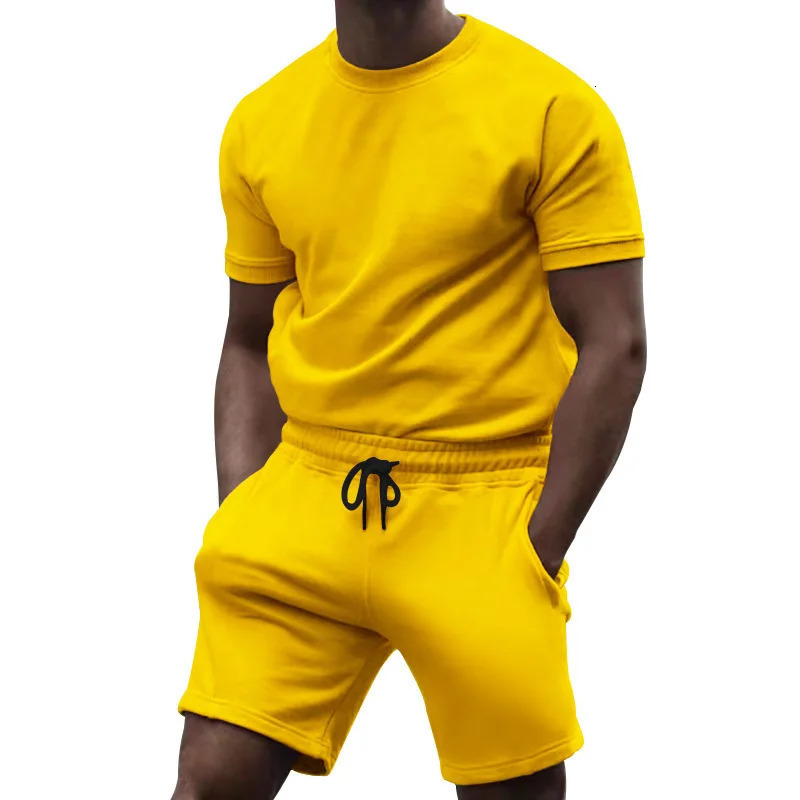 Summer mens fitness pure cotton short sleeved sports quick drying fresh solid color comfortable round neck set 250326