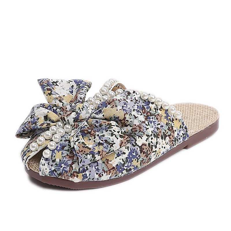 Slipper Childrens sliders childrens summer sliders girls soft floral cloth princess sweet indoor and outdoor girls pearl sliders bow S25326