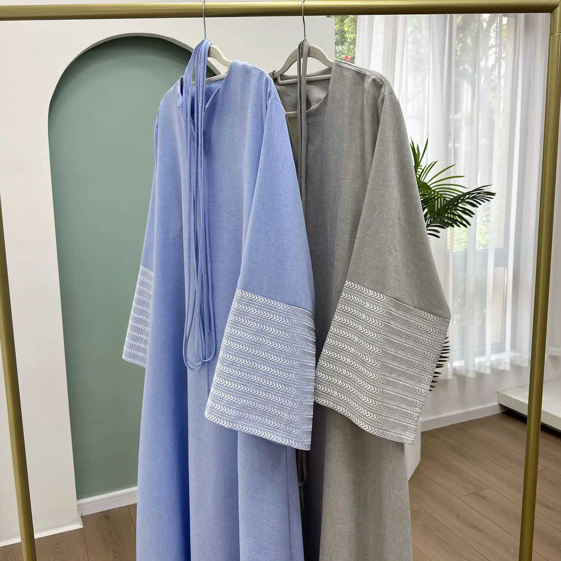 New Linen Palestine Embroidery Muslim Belted Dress Kufiyah Modest Abaya Ramadan Closed Abaya Women Muslim Clothing Casual Dress X250514