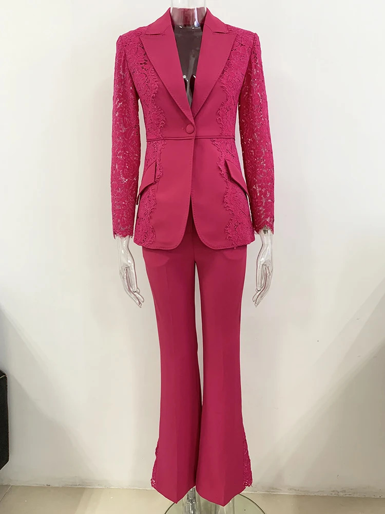 HIGH STREET Latest Runway ner Set Womens Lace Patch Work Order Button Jacket Flame Pants 2piece 250326