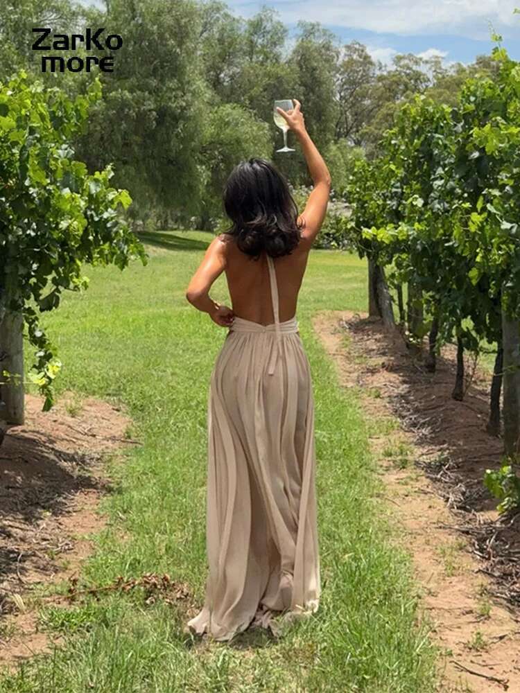 Sexy Halter Pleated Long Dress Women Backless Sleeveless Hollow Out A-E Party Beach Dresses 2025 Summer Lady Draped Robes