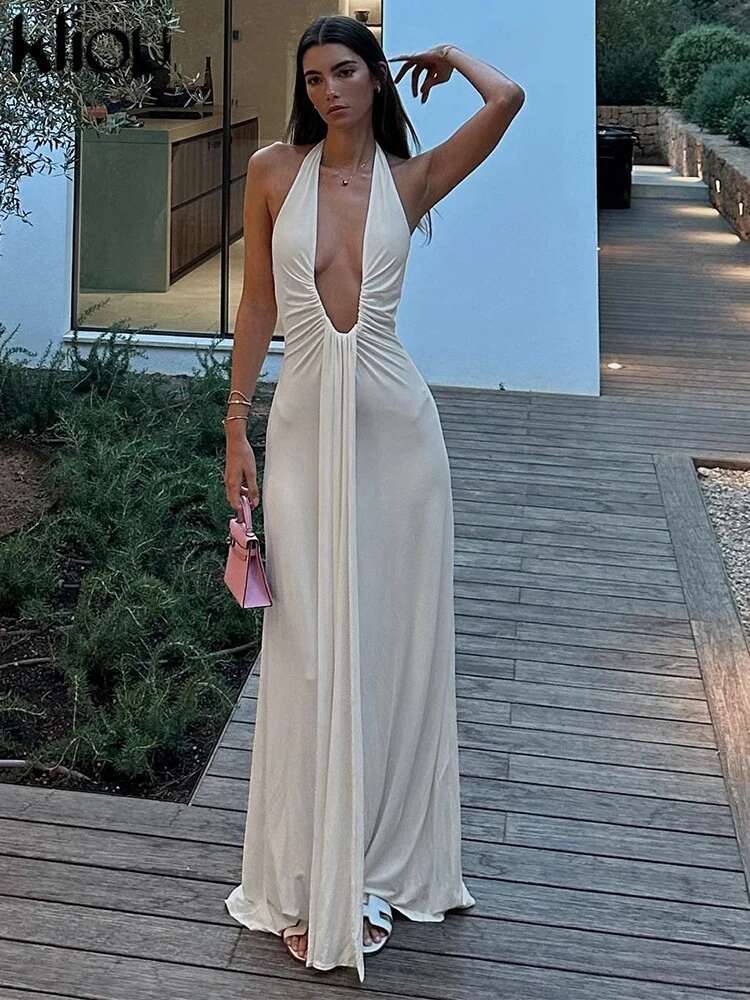 kliou Halter Shirring Women Maxi Dress Classic Solid Low Neck Backless Elegant Simple Robe Female High Street Vacation Vestidos
