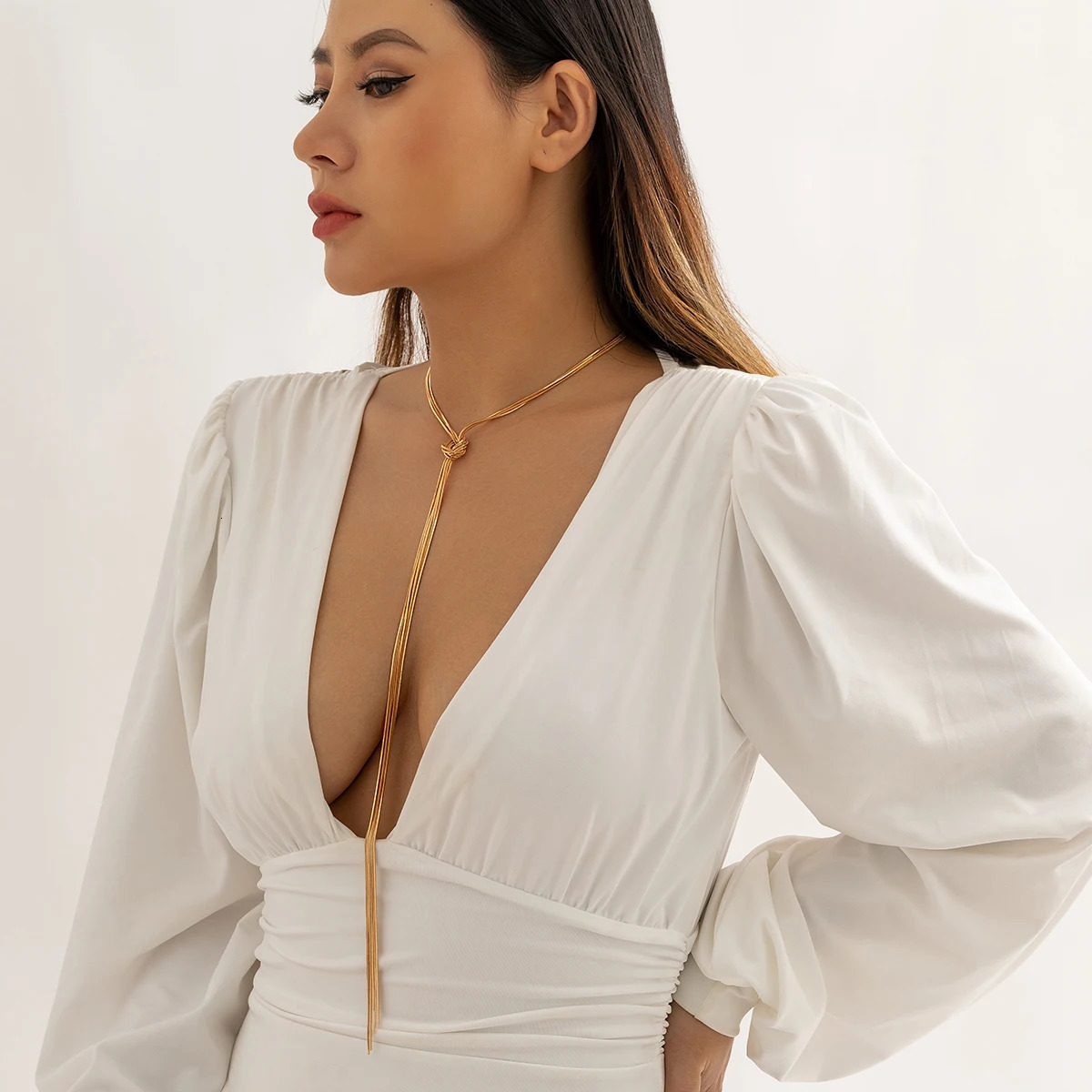 IngeSight Z multilayer retro square snake chain knotted tassel long necklace suitable for women simple gold chest 250325