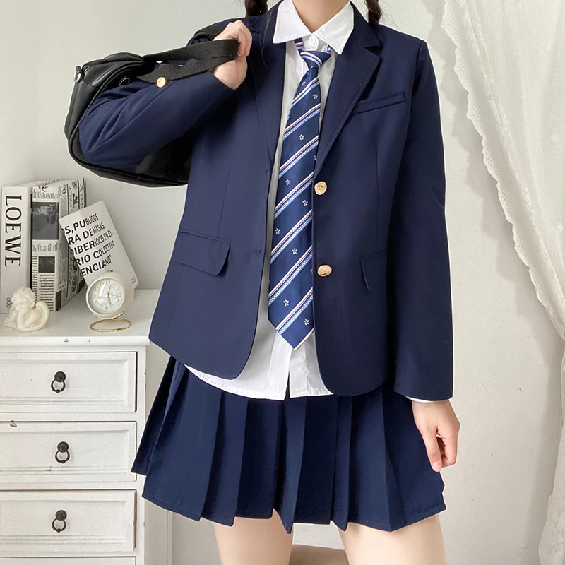 Korean school uniform navy blue jacket Japanese high set School Girls student Seifuku 250326