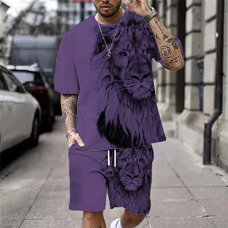 3D Lion Print Mens Cool T-shirt Set Summer Mens Set Street Style Oversized Graphics 2PCS Mens ClothingXJ250326
