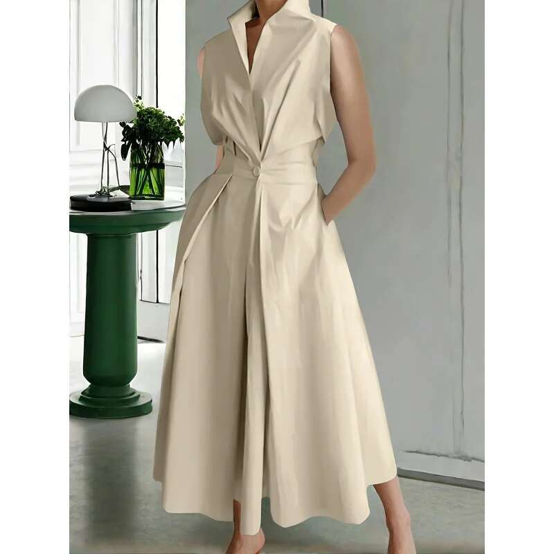 Dongdumaoyi Elegante Midi Effen Kleur Revers Lange En Mouwloze Jurk Voor Alle Seizoenen WD
