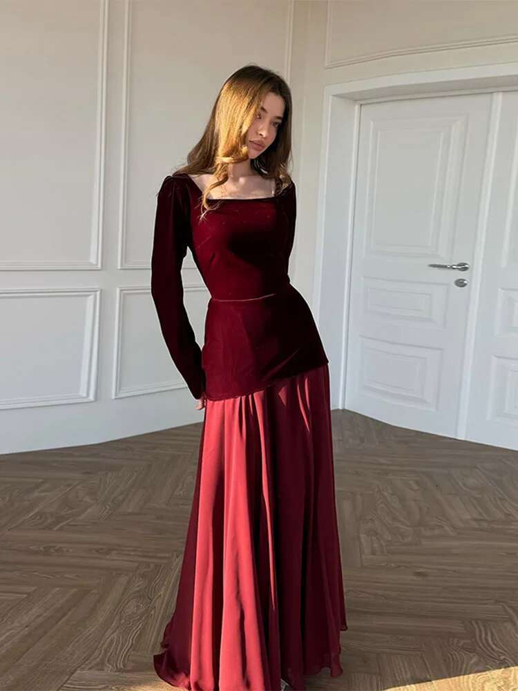 Fashion Pleated For Women Chic Square Collar Long Sleeve Slim Top A E Maxi Skirt Set Spring Female 2 Pcs Suit