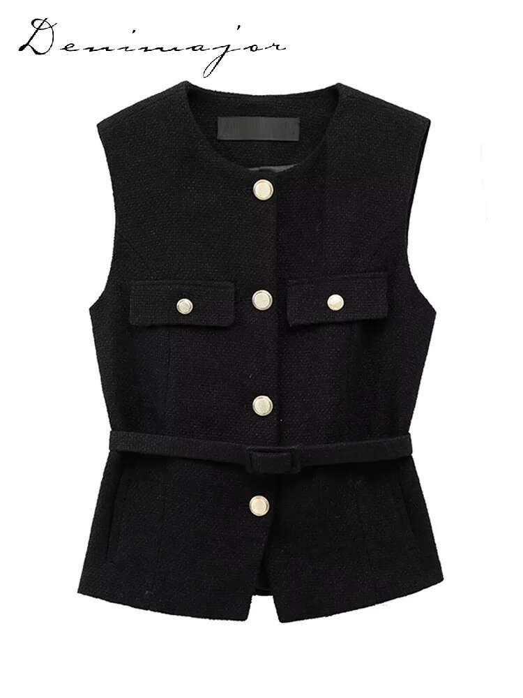 Metal Buckle Belt Top Women Slim Sleeveless Single-Breasted Button O-Neck Vest Female Summer Fashion Commute Lady Outwear