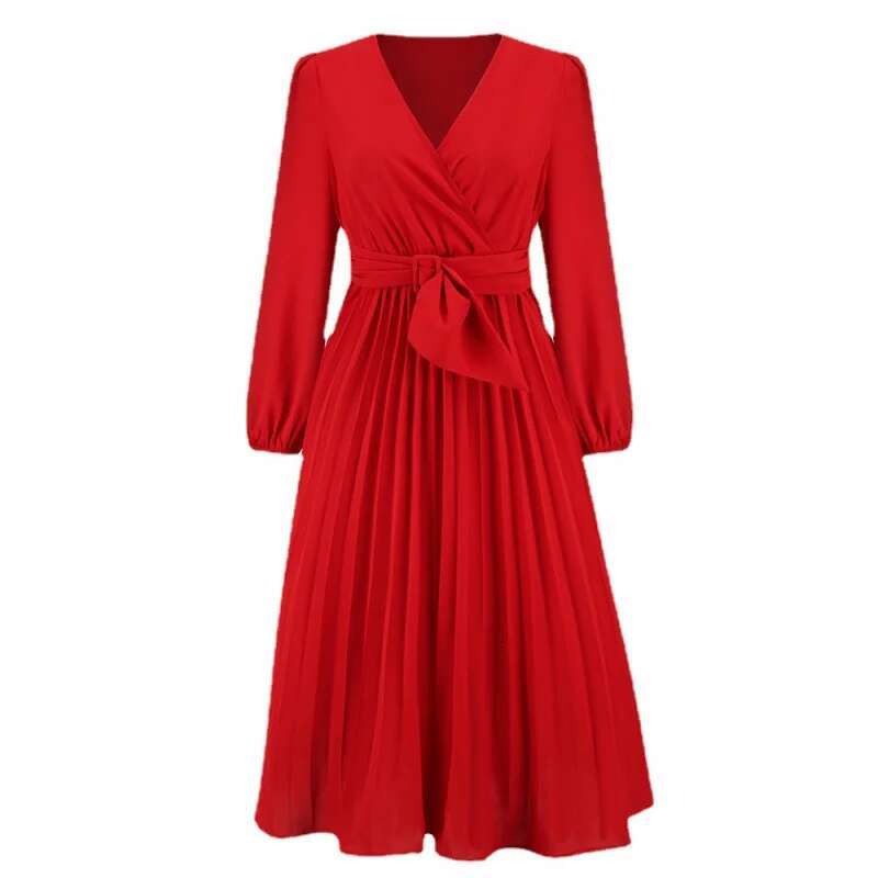 Dongdumaoyi Nieuwe Herfstjurk Met Lange Mouwen Slim Fit Geplooide Riem En V Hals Voor Dames