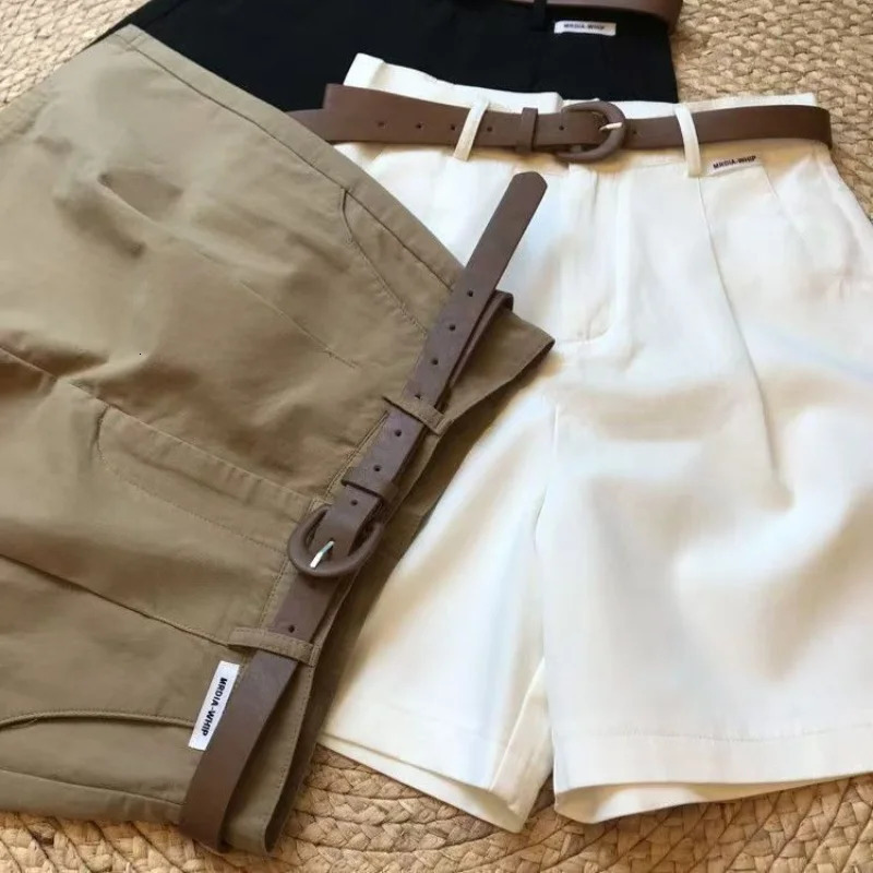 Chic Fashion Office Ladys Shorts With Belt Elegant Womens Straight Leg Korean Matching Basic Female Wide 250321