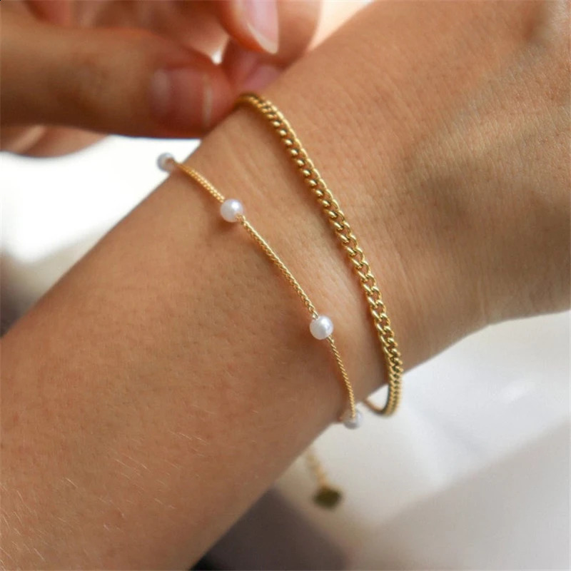 14K Gold Filled Figaro Chain Bracelet Handmade Pearl Jewelry Boho Charms Bracelets Bridesmaid Gift Vintage Anklets for Women 250318