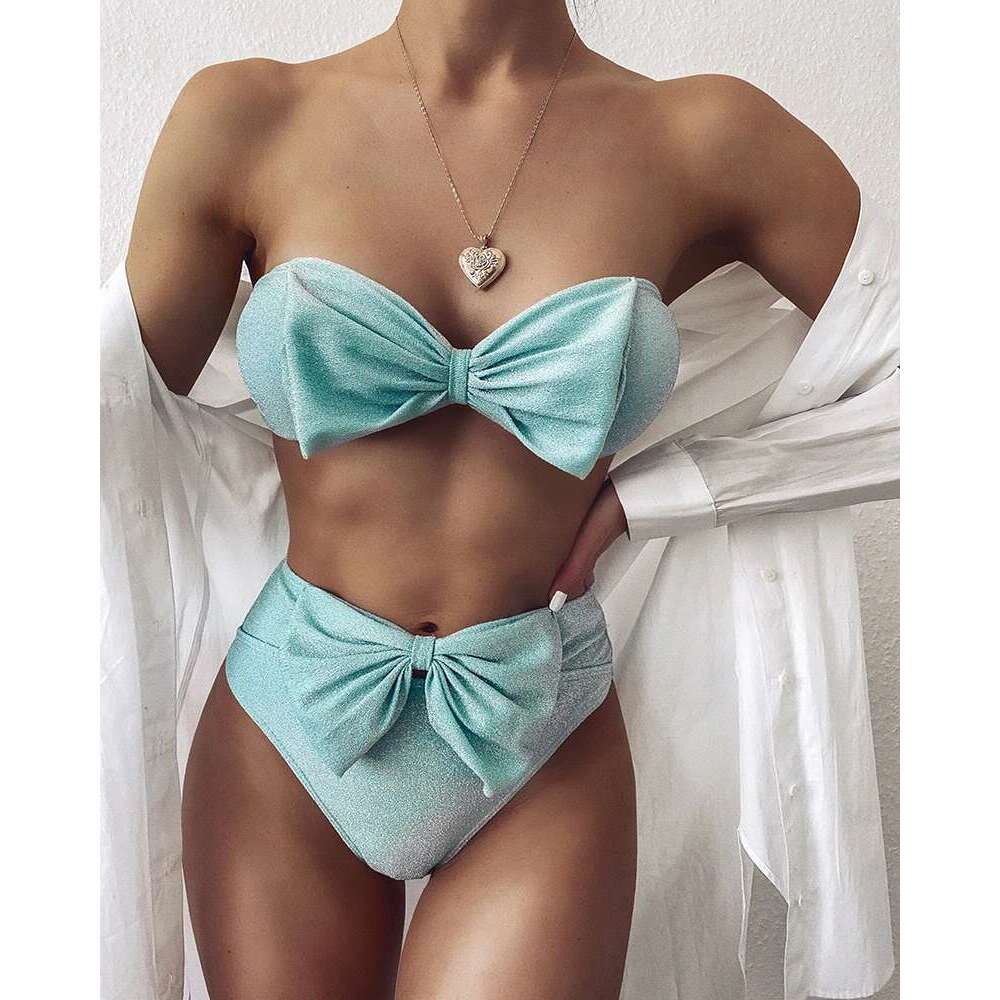 Bandeau 2025 Bow High Waist Female Swimsuit Women Swimwear Two-piece Bikini set Strapless Bather Bathing Suit Swim Lady