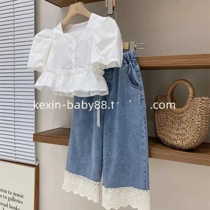 Girls clothing set summer childrens square neckline bubble sleeve shirt lace thin soft jeans two-piece setT250327
