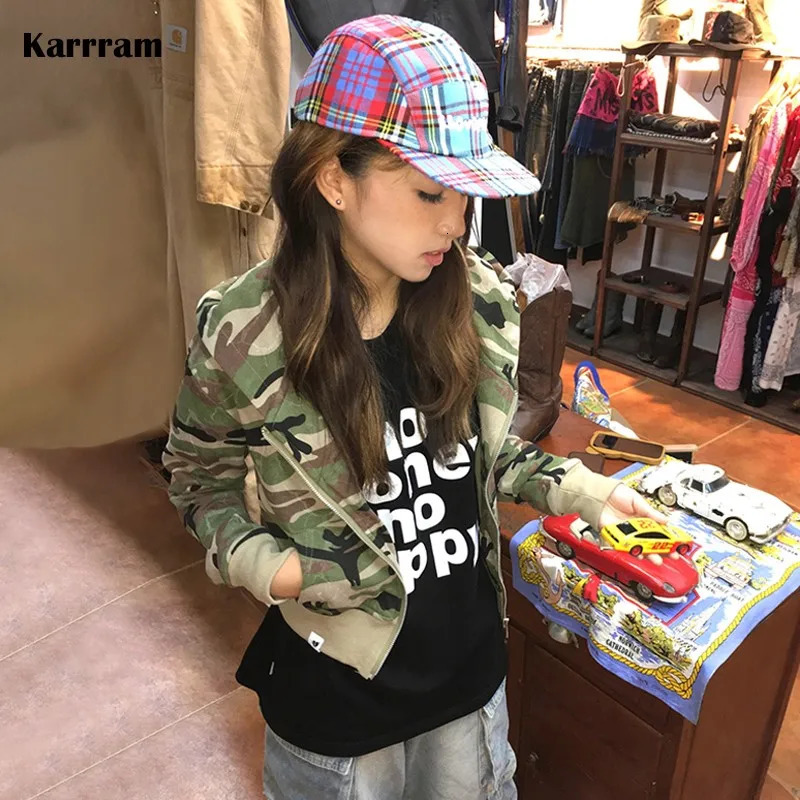 Karrram Japanese Y2k cut jacket retro Harajuku short jacket 2000s Korean fashion camouflage zipper hooded sweatshirt Grunge 250322