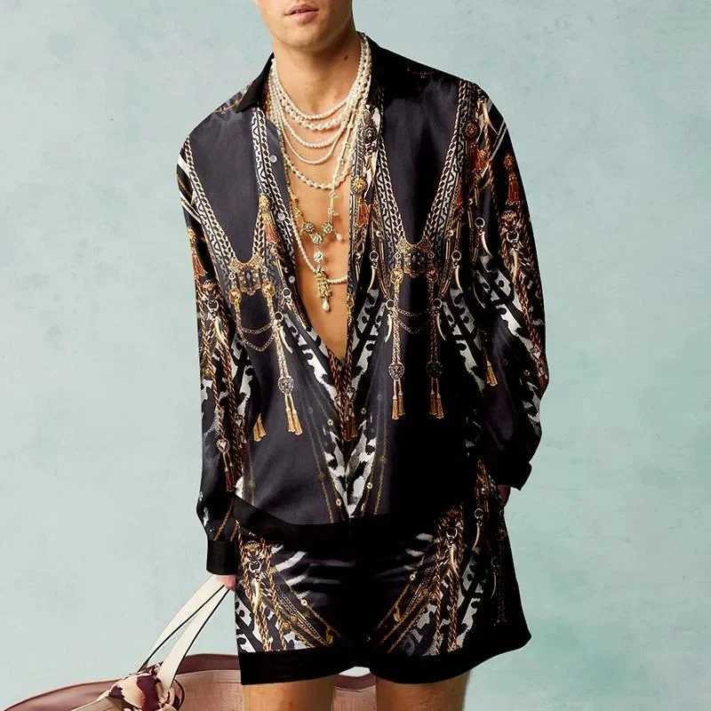 Hawaii Retro Fashion Beach Set Mens Casual Outdoor 3D Printed Abstract Long Sleeve Shirt 2-piece Set Loose Beach ShortsXJ250326
