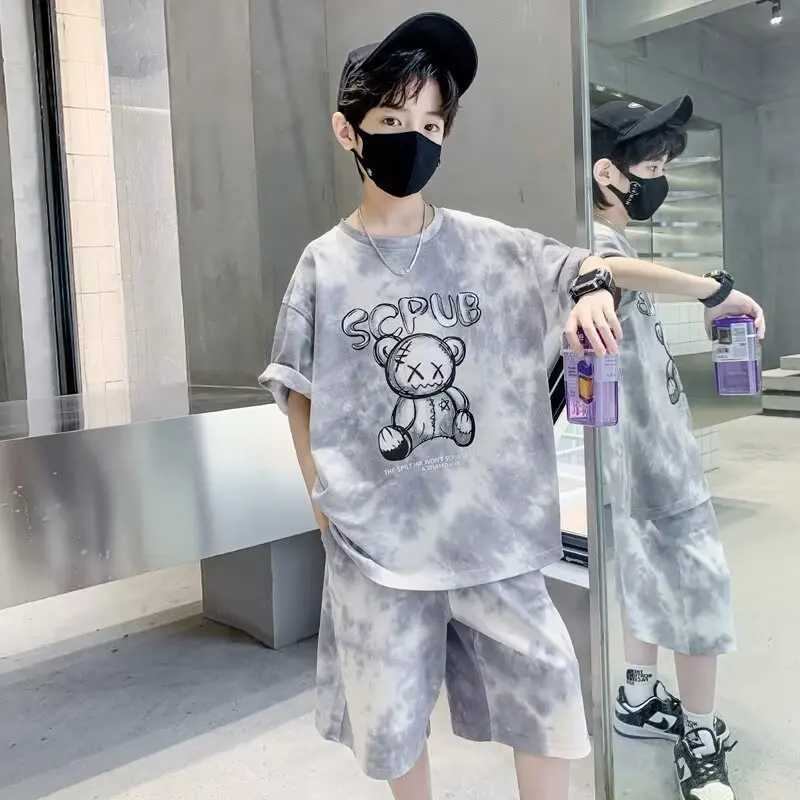 Summer boy cartoon bear costume set childrens girl tie dye T-shirt and shorts 2-piece set childrens topT250327