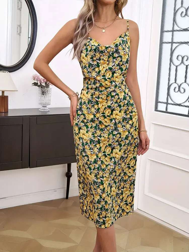 Dongdumaoyi Zomer Nieuwe Collectie Elegante Gedrapeerde Kraag Bloemenprint Mouwloze Maxi Jurk Stijl A
