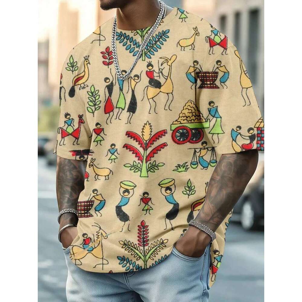 Men's T-shirt 3D printed retro printed T-shirt short sleeved casual round neck T-shirt polyester 2025 New Year gift