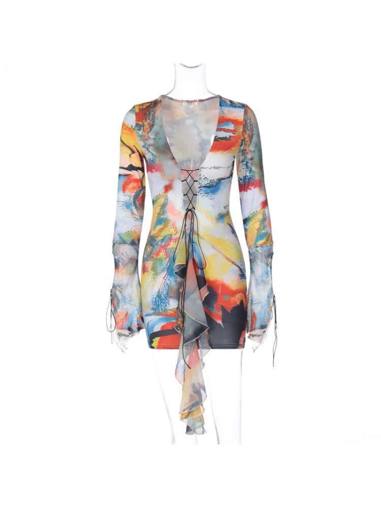 Dongdumaoyi Fashion Print Nieuwe Sexy Diepe V Patchwork Ruche Tie Back Manchet Bodycon Lange Mouwen Jurk C