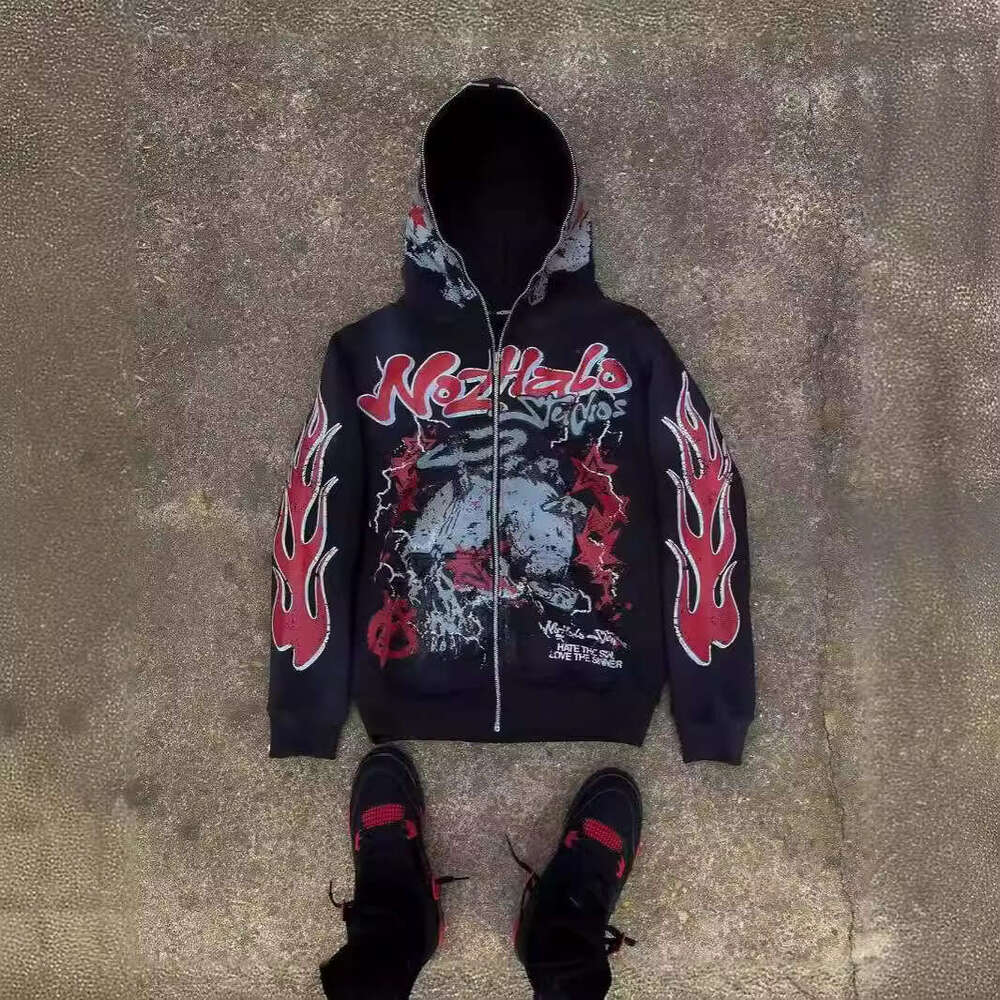 Y2K American Harajuku Dark Hip Hop High Street Cartoon Printed Zipper Loose Hoodie gift for man
